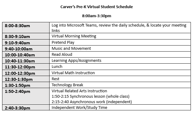 Pre-K Virtual Learning Schedule